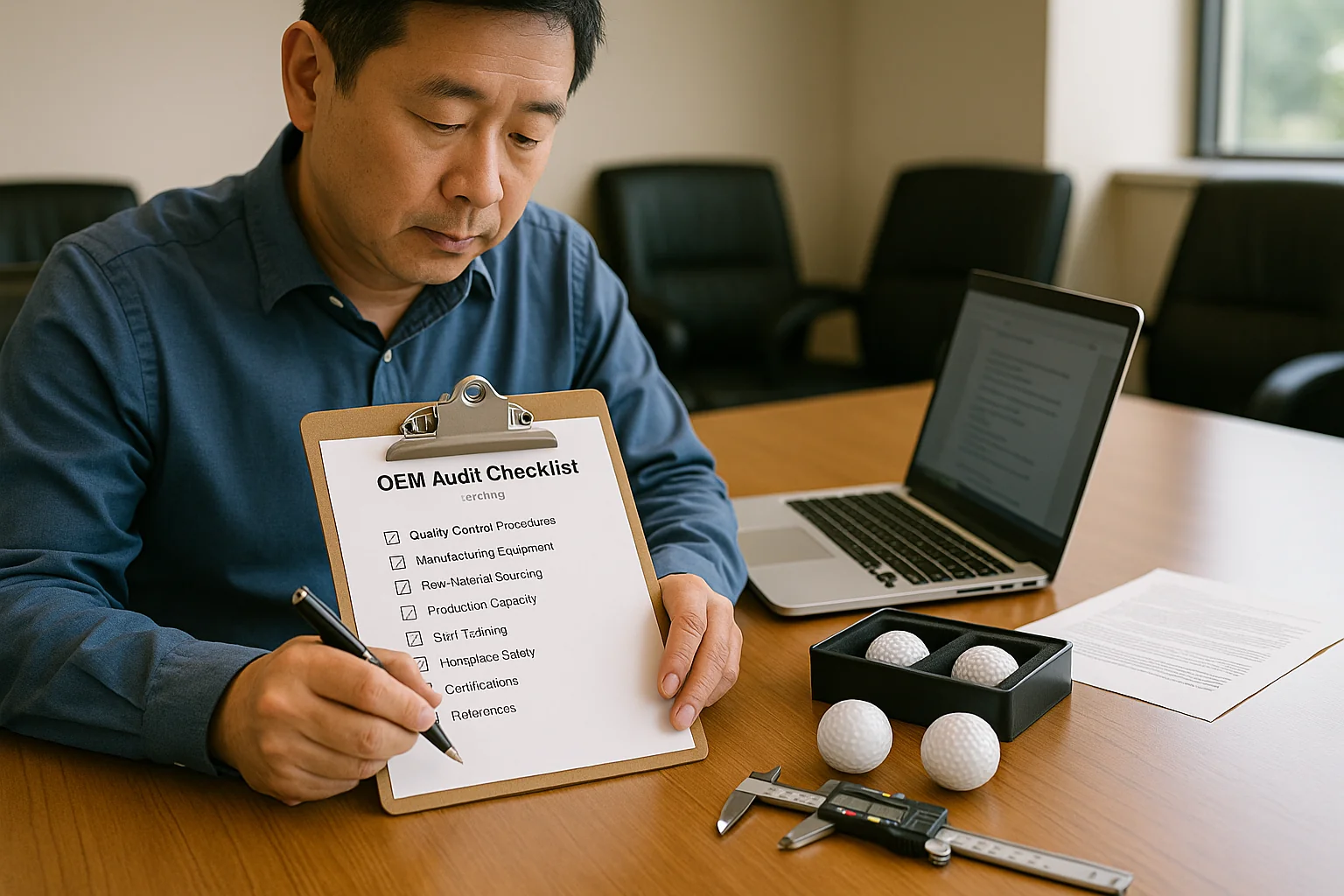 golf balls inspection with OEM audit checklist, caliper, quality control samples at manufacturer