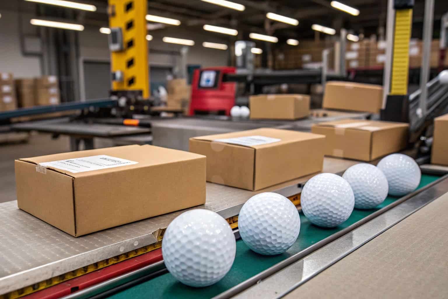 golf balls and boxes on conveyor line