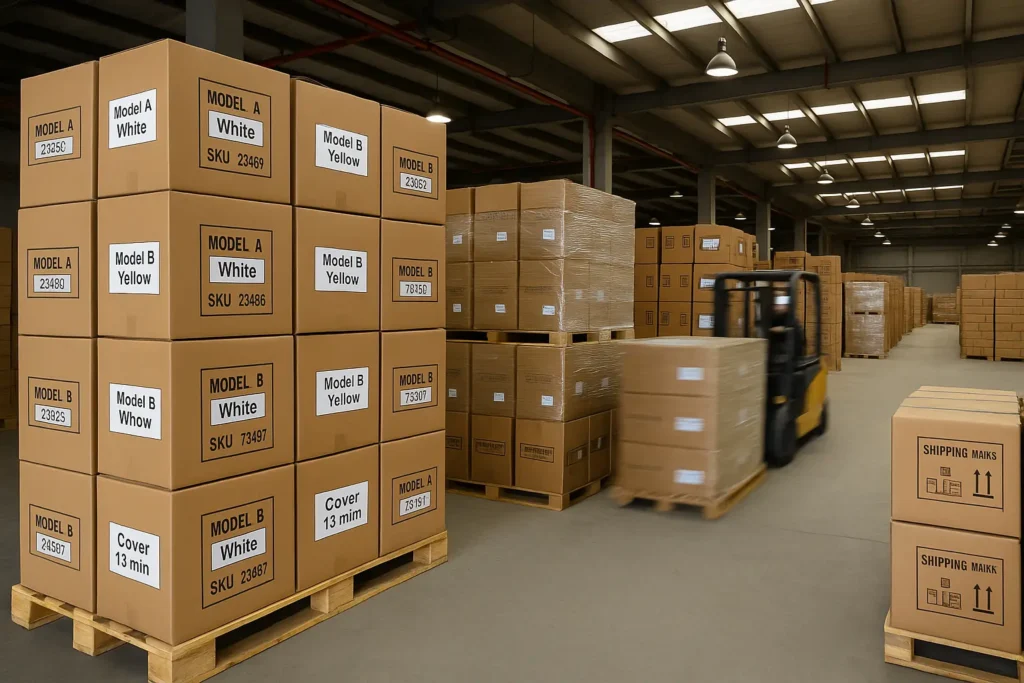OEM golf balls in warehouse pallets, factory inventory ready for bulk export