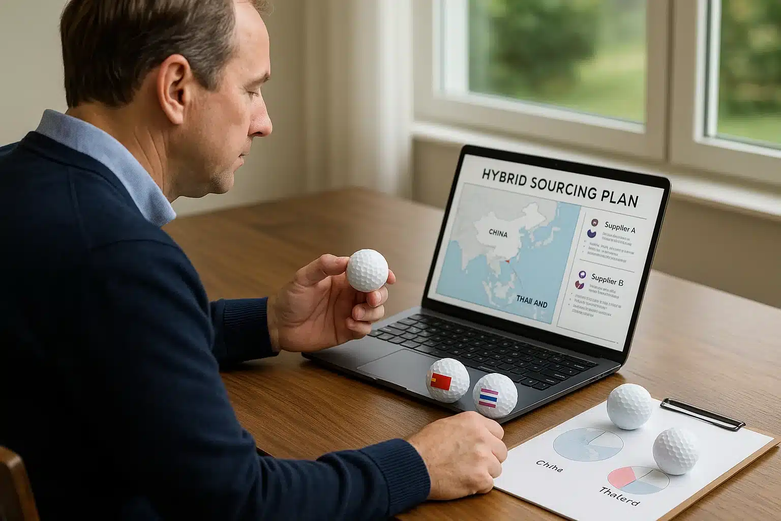 B2B golf distributor reviewing hybrid sourcing plan for China and Thailand