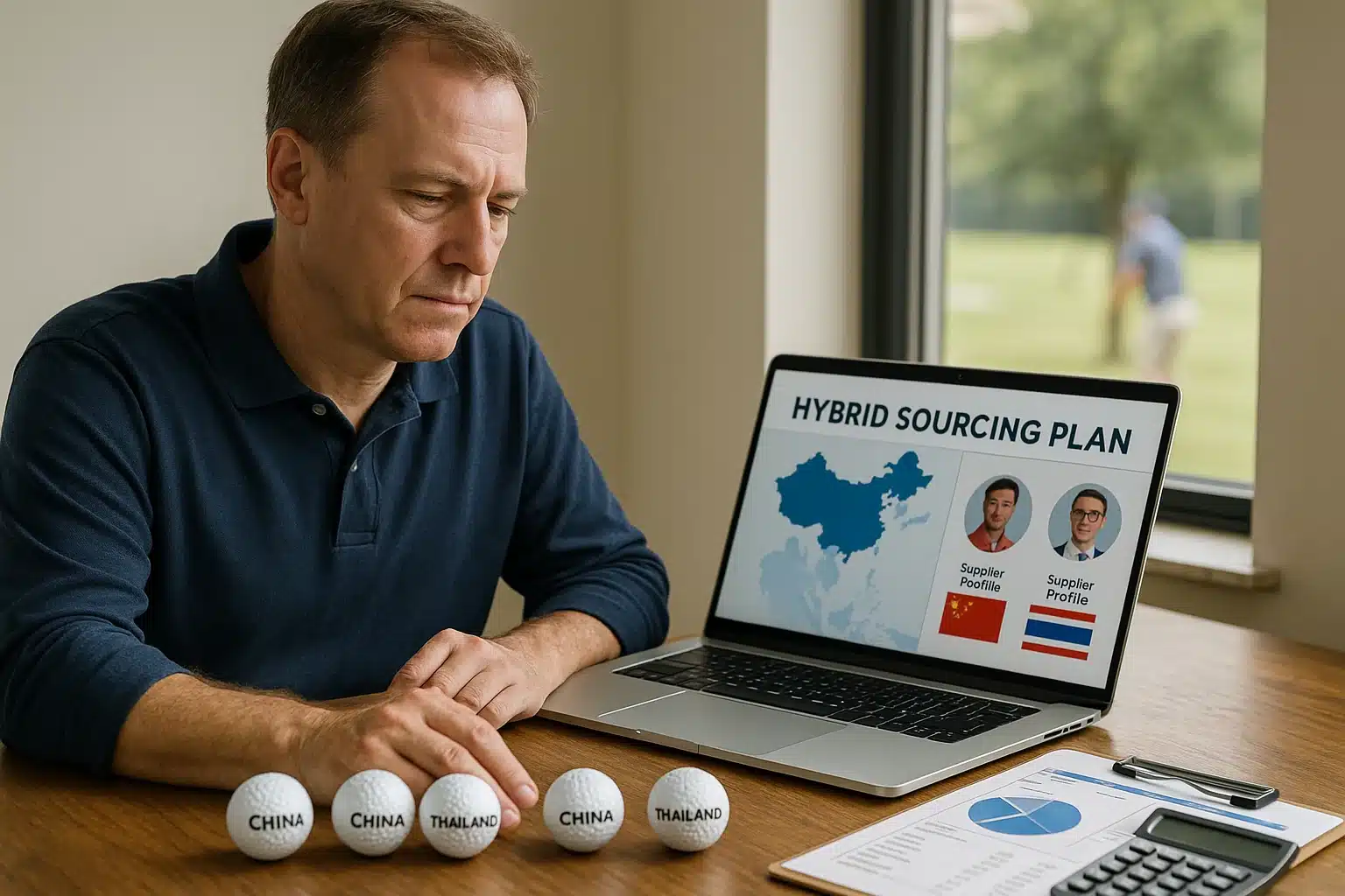 golf distributor analyzing hybrid sourcing with country-labeled golf balls