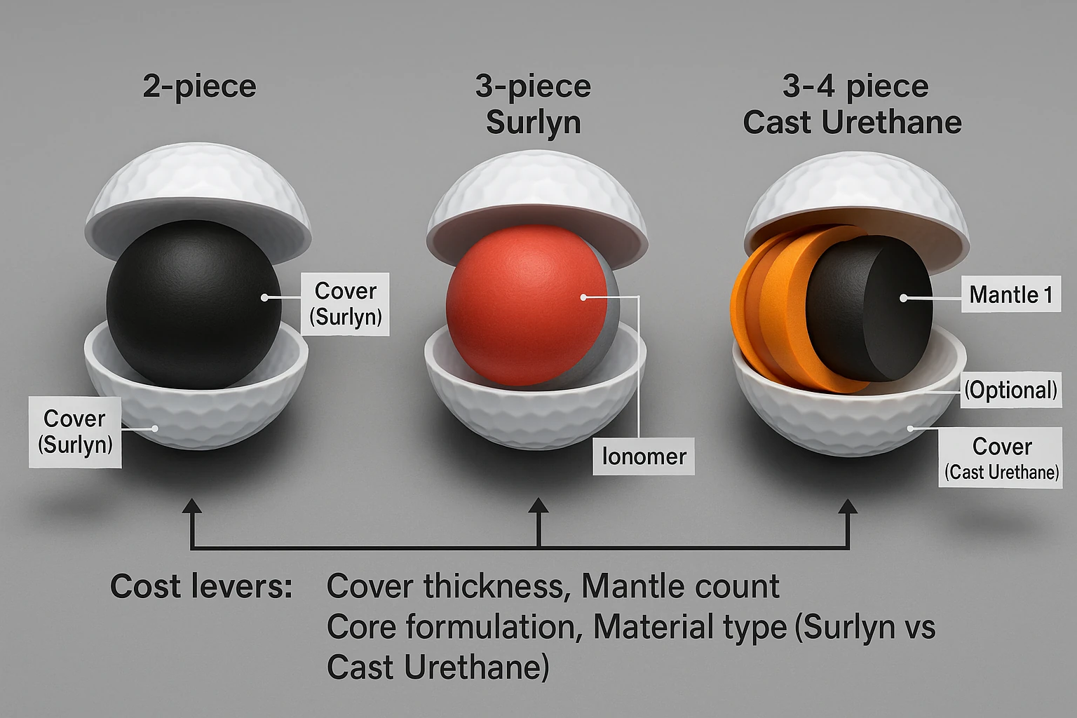 cross-section of 2-piece, 3-piece, and 4-piece golf balls with material labels
