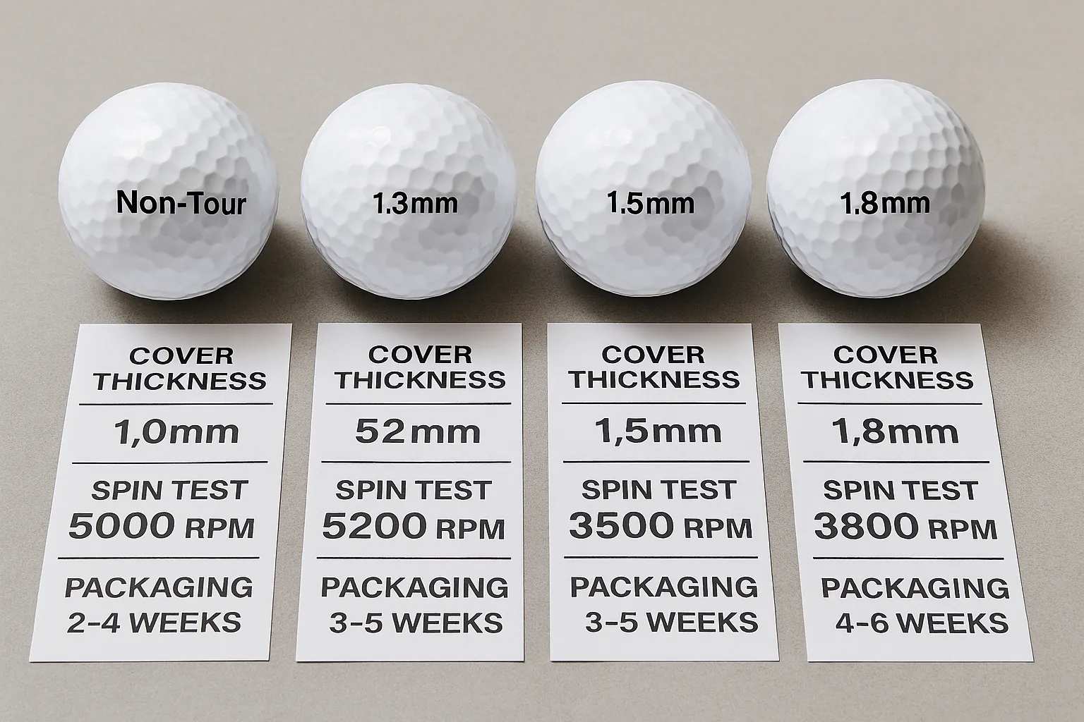 Non-tour golf balls with cover thickness labels, spin test data, OEM quality control tray