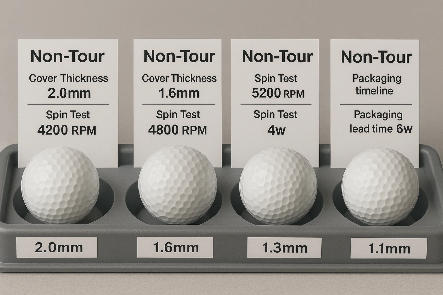 Non-tour golf balls thickness comparison tray with spin test labels, OEM quality control, manufacturer