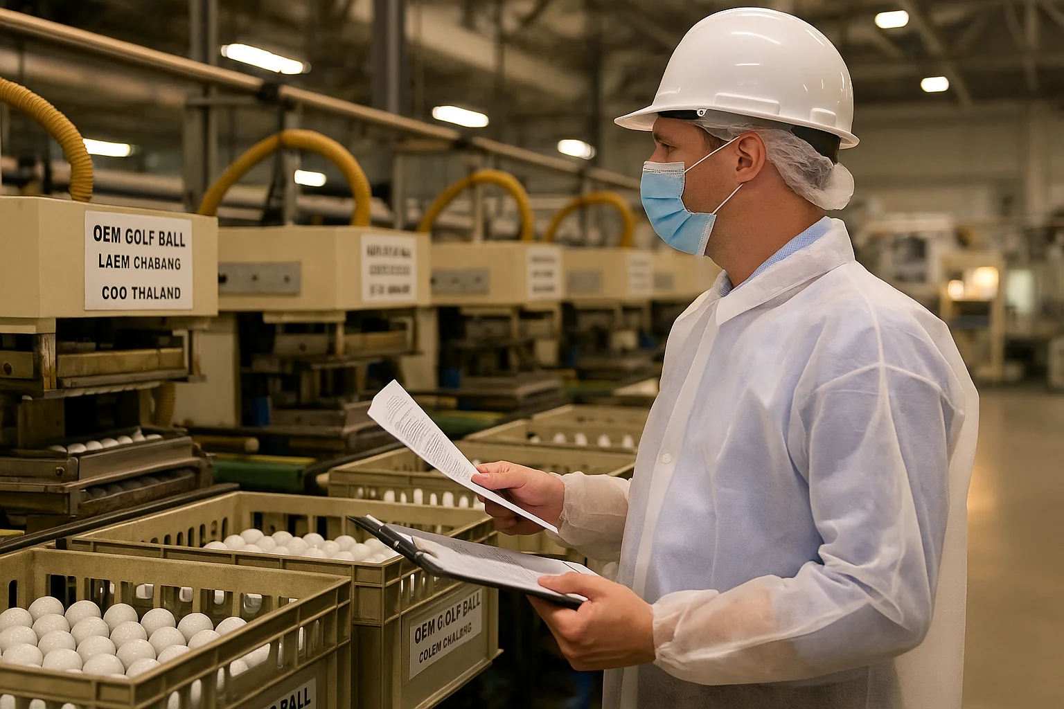 OEM Golf Ball Factory Thailand OEM golf ball production line in Thailand with worker inspecting quality control process