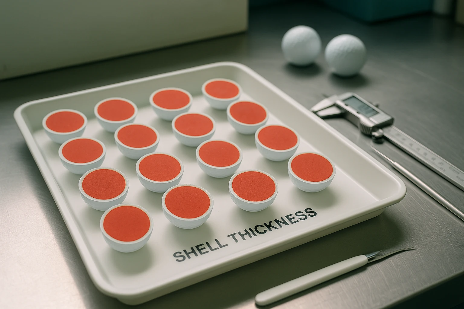 OEM golf ball cross-sections on tray for shell thickness quality control