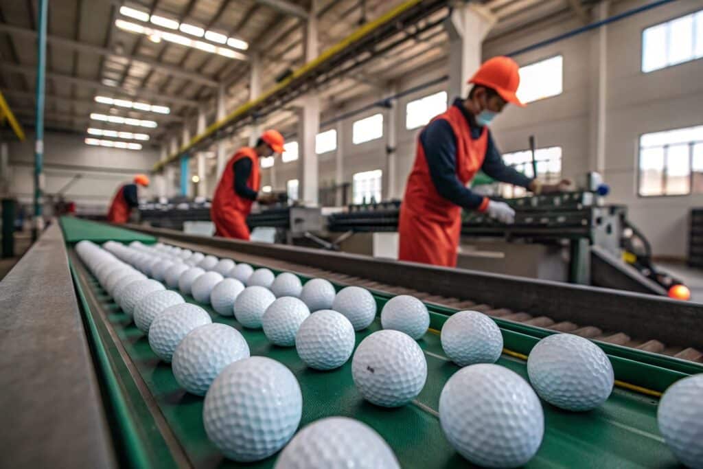 OEM golf balls on conveyor in Chinese manufacturing facility