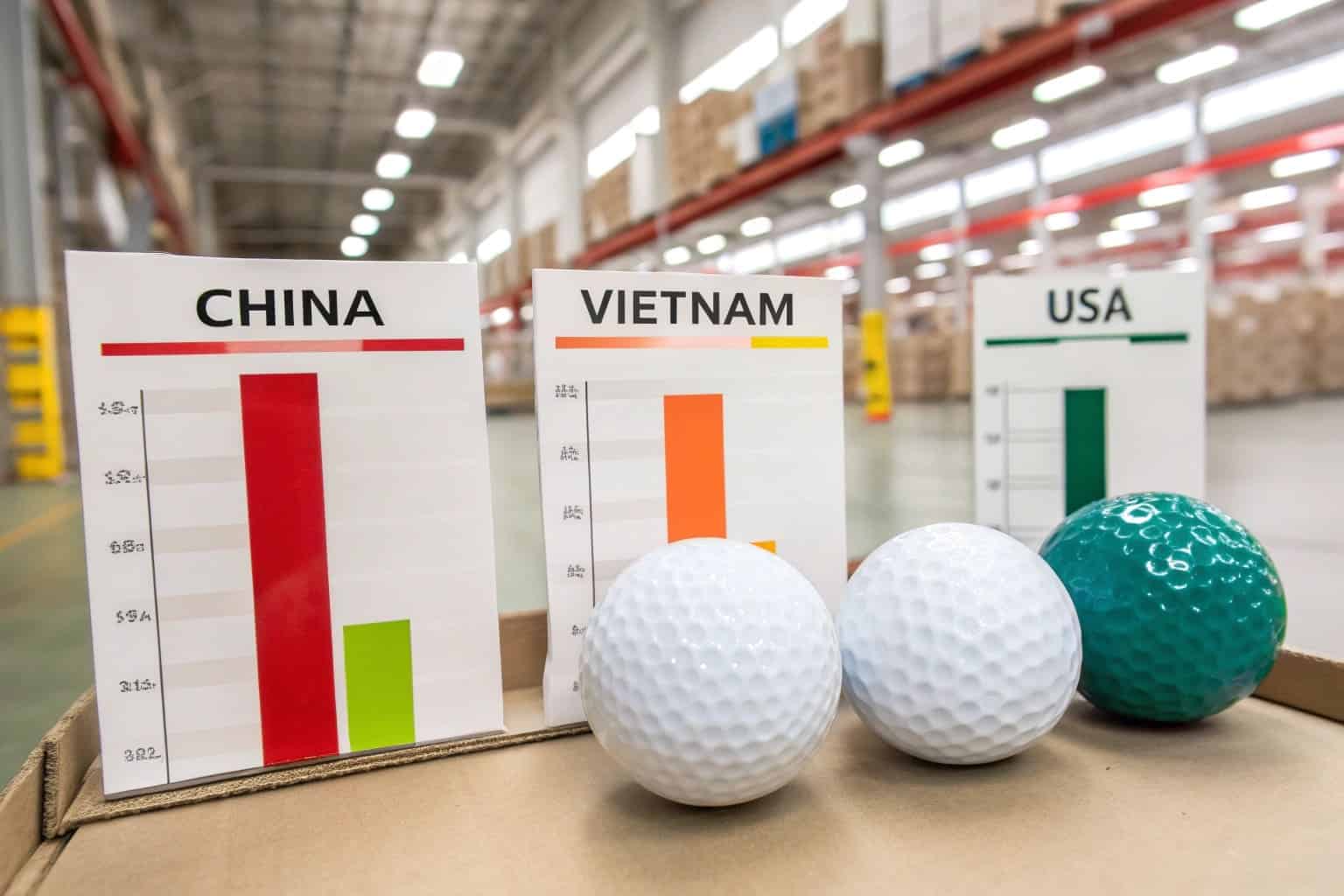 OEM golf balls with country comparison charts in warehouse