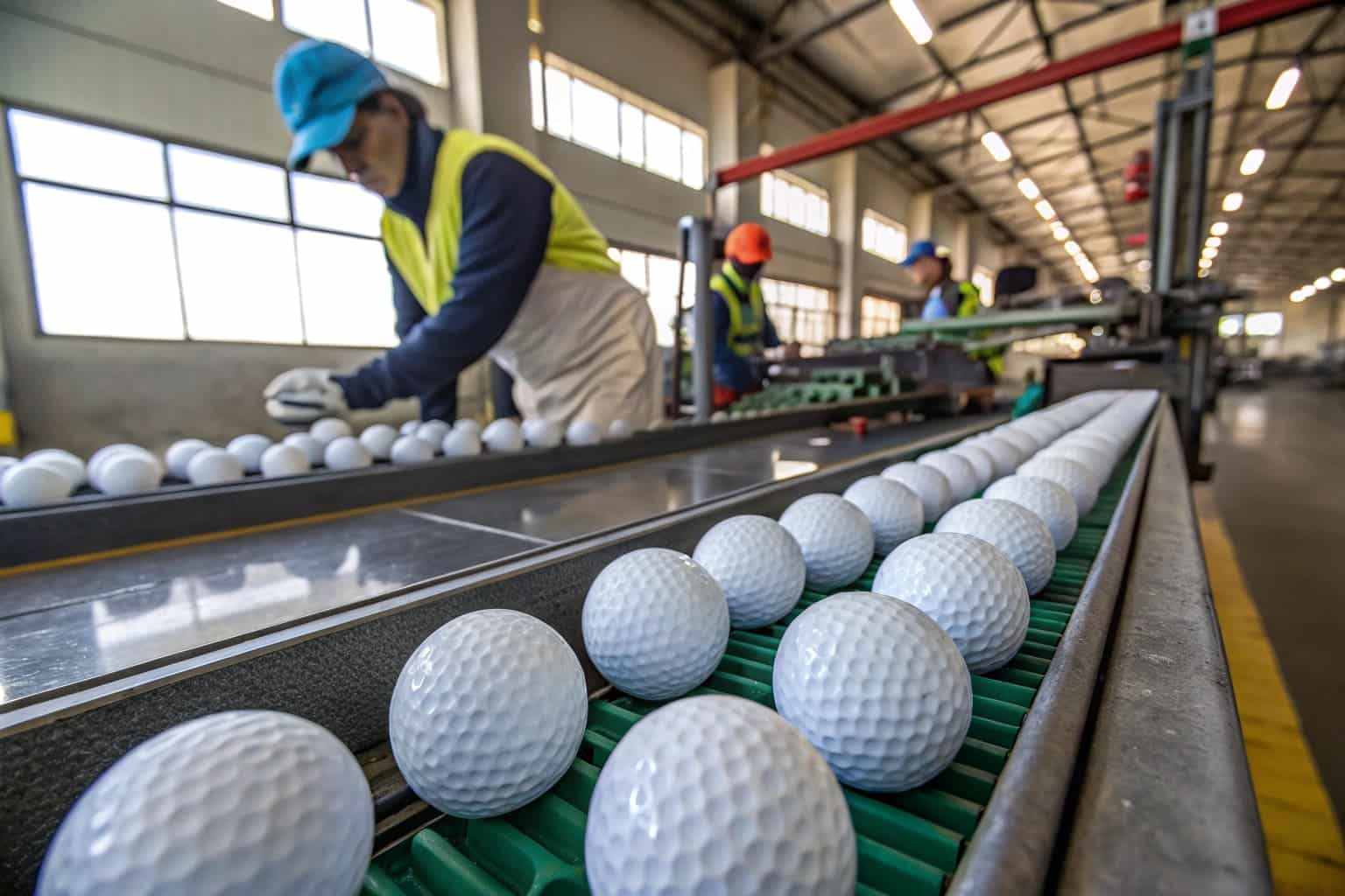 OEM golf balls on factory conveyor with workers in background