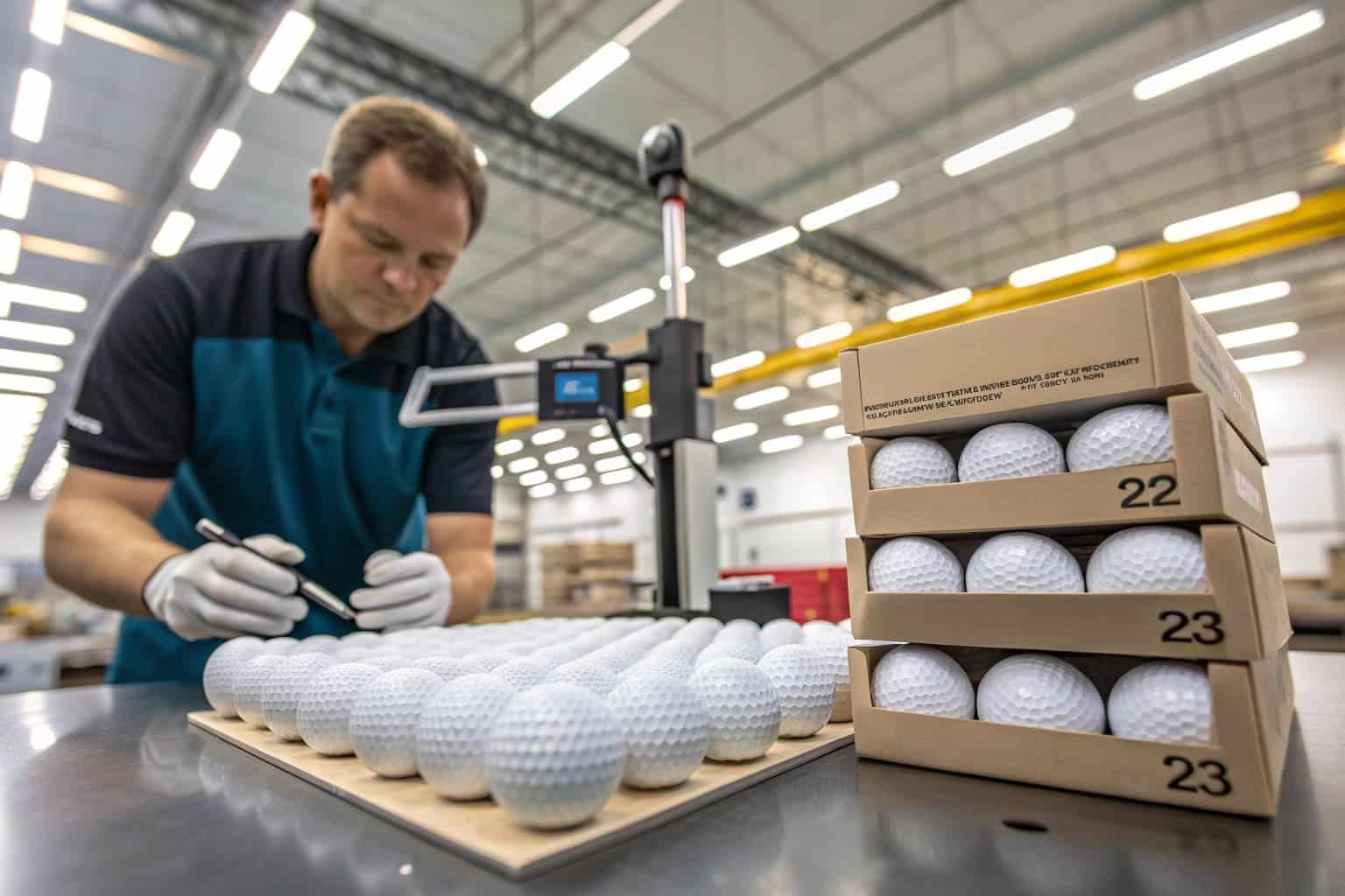 technician inspecting OEM golf balls in factory for quality control