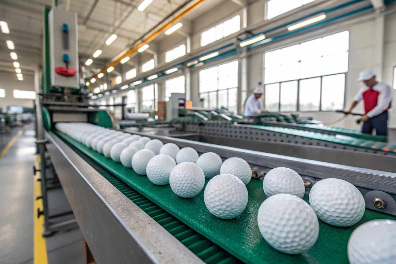 OEM golf balls on automated conveyor line in Chinese factory