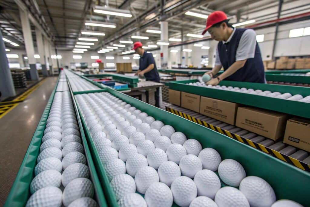 OEM golf balls in quality inspection at Chinese factory