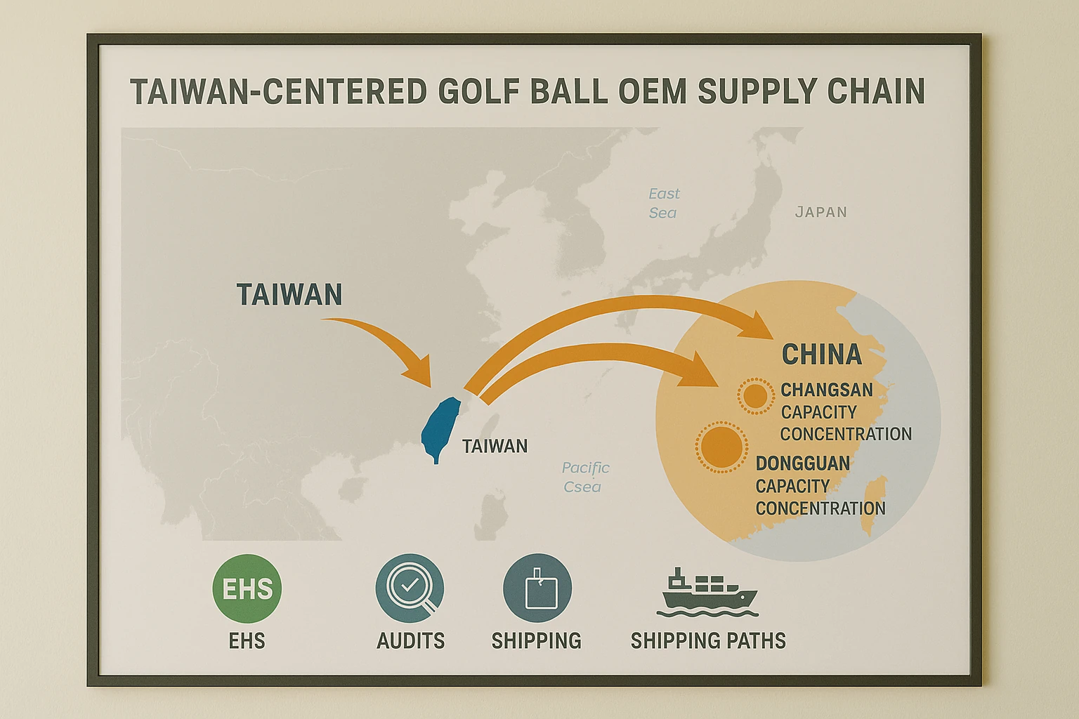 OEM golf balls supply chain map, Taiwan–China routes for manufacturer export logistics