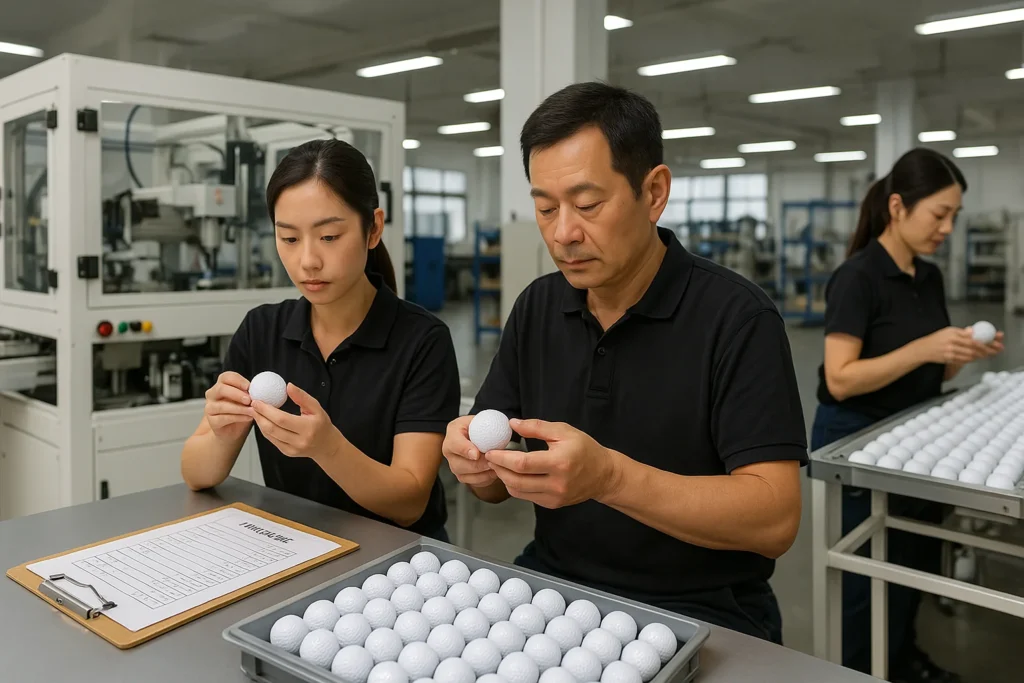 golf ball factory workers inspecting production line output
