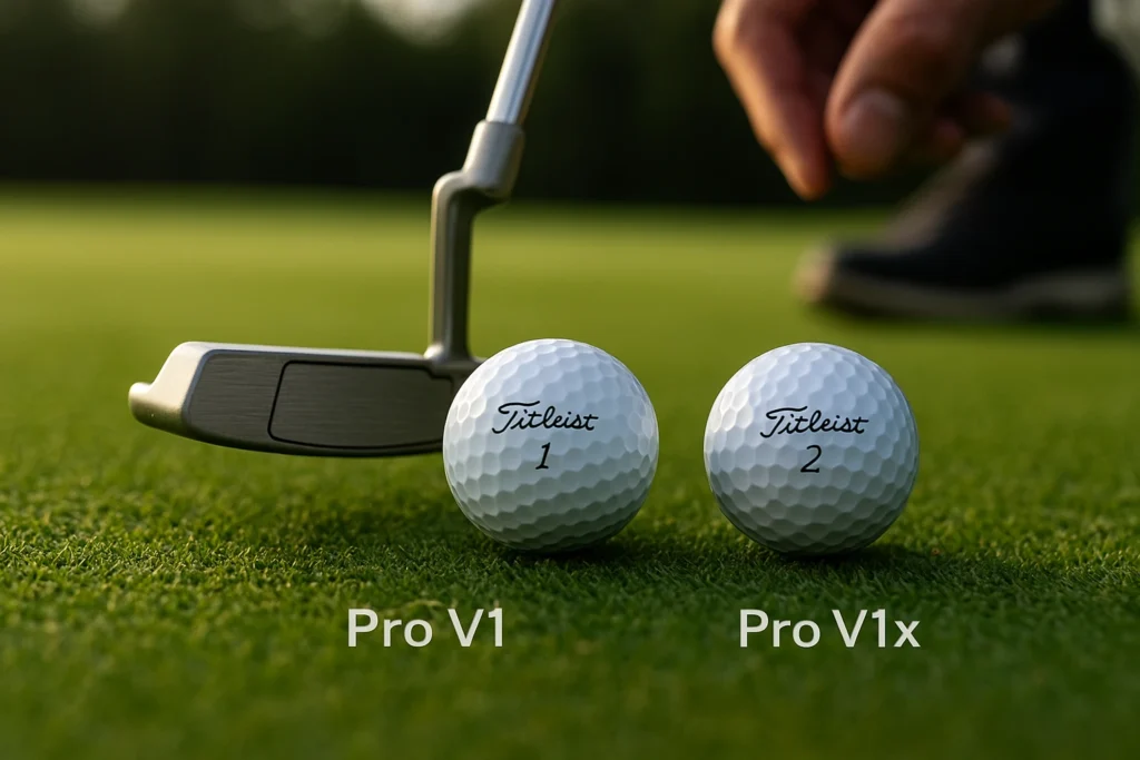 Pro V1 and Pro V1x golf balls side by side on neutral surface