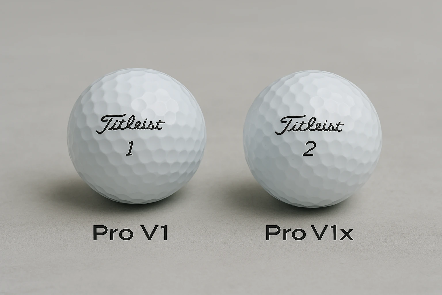 Pro V1 and Pro V1x golf balls side by side on neutral surface