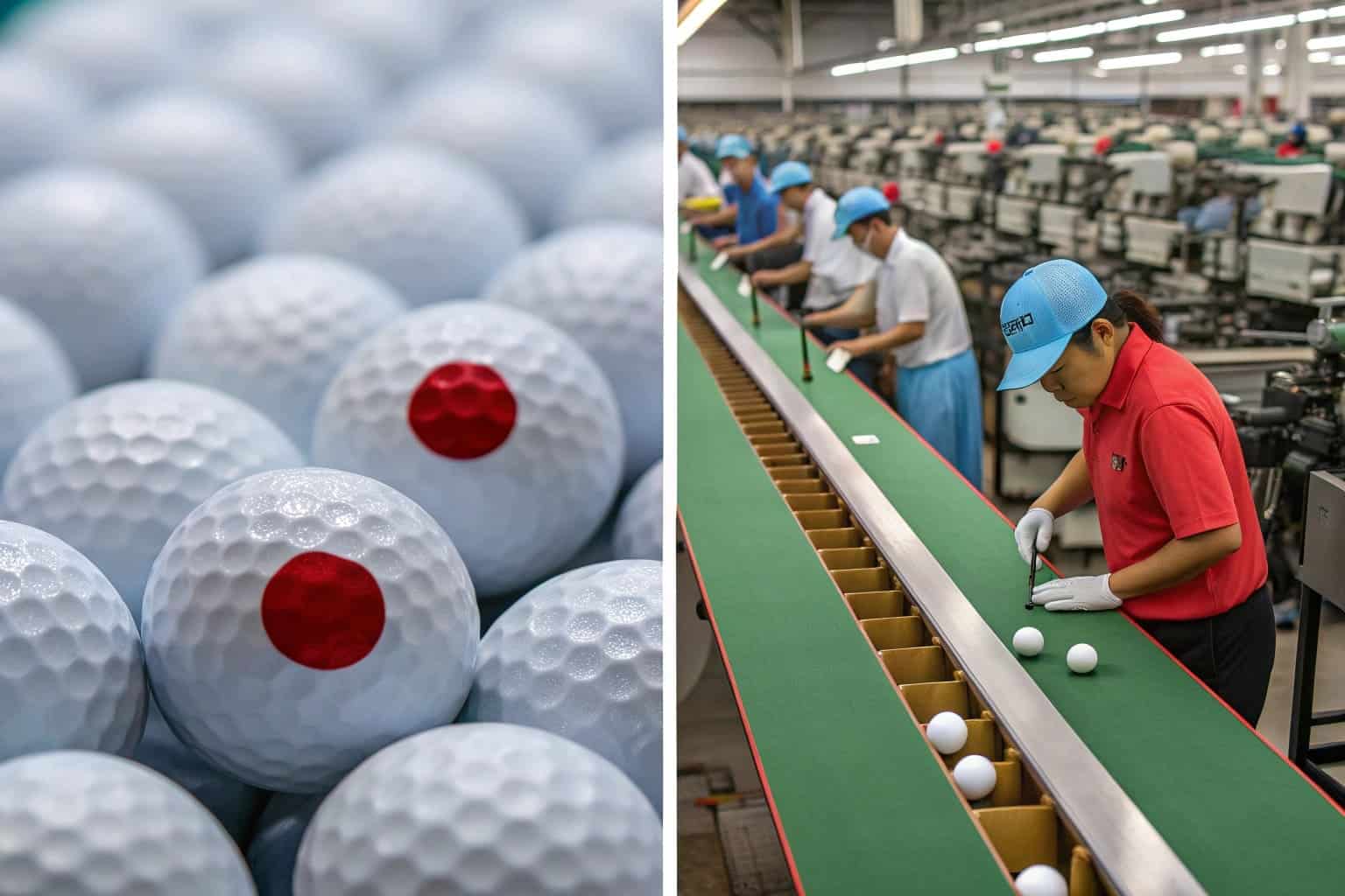 printed golf balls with red dot and workers on assembly line