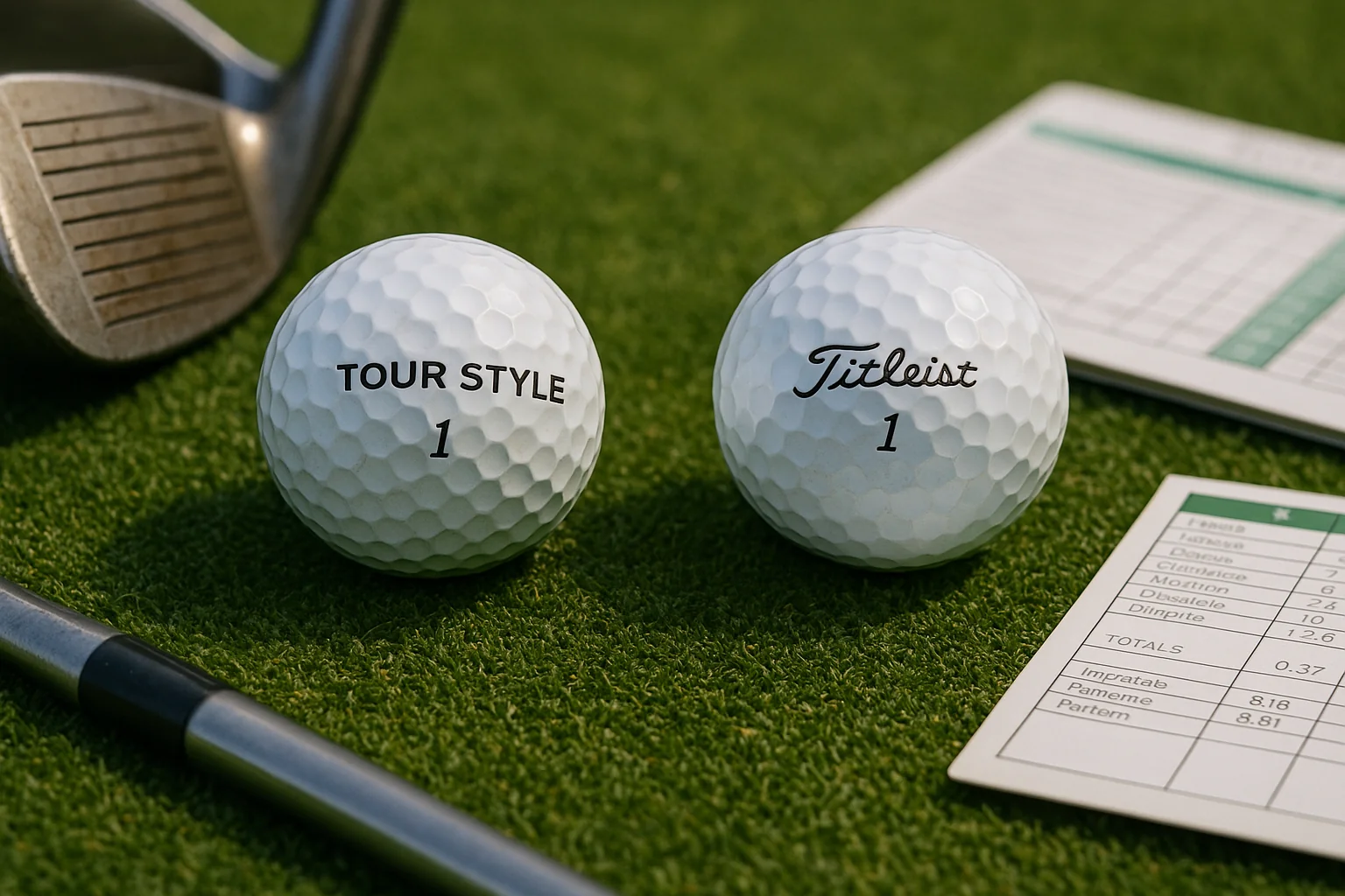tour style golf ball next to Titleist Pro V1 on grass with scorecards