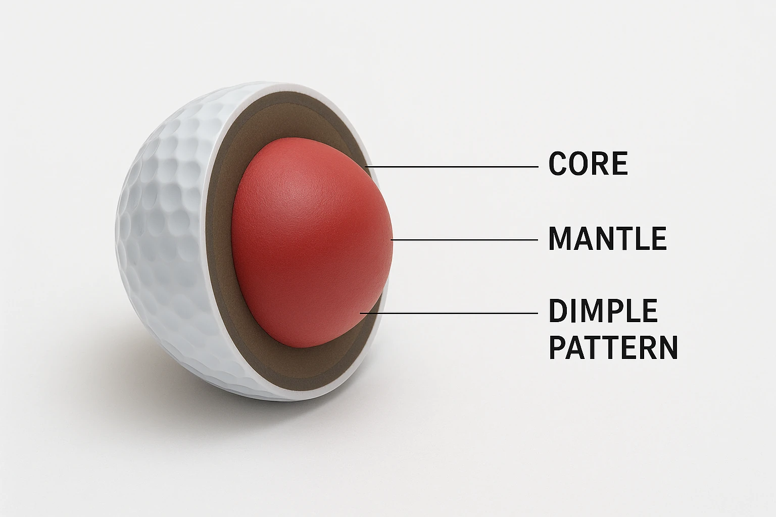 cross-section of tour golf ball showing core, mantle, and dimple pattern