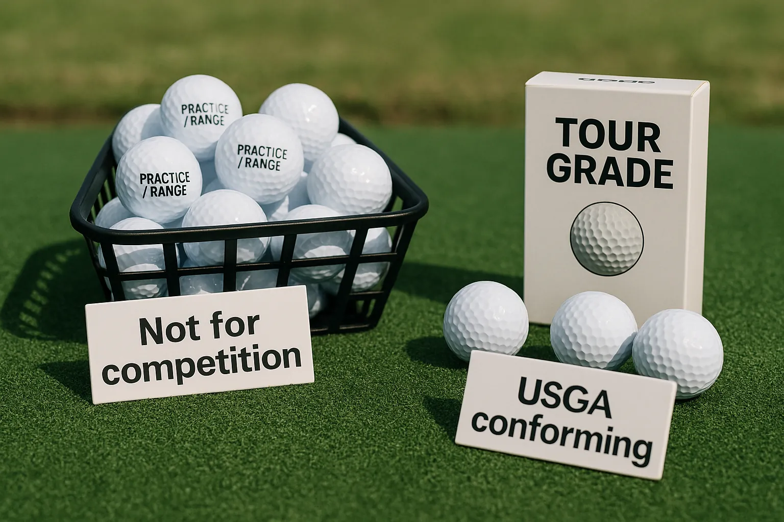 tour grade and practice golf balls on green turf