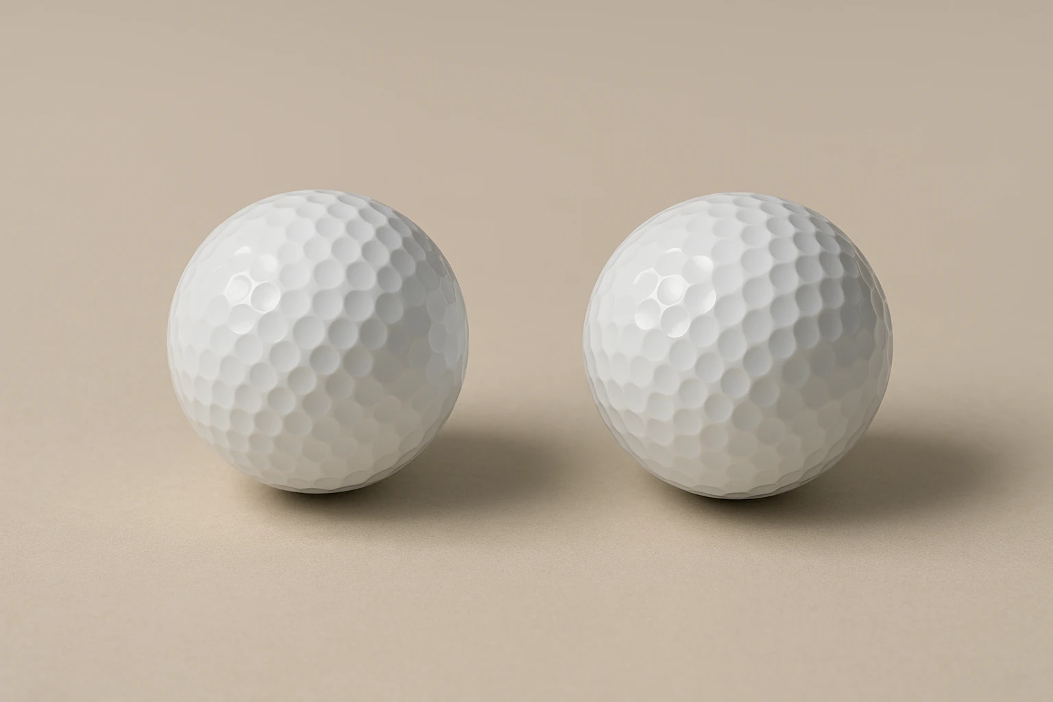 side-by-side unbranded golf balls on neutral background