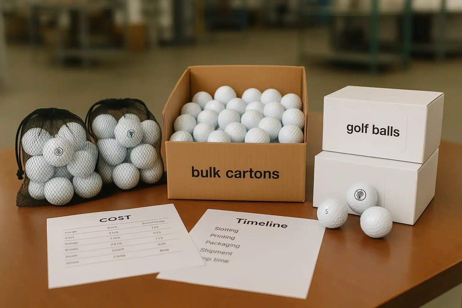 bulk packaged golf balls in mesh bags, cartons, and boxes with cost sheet