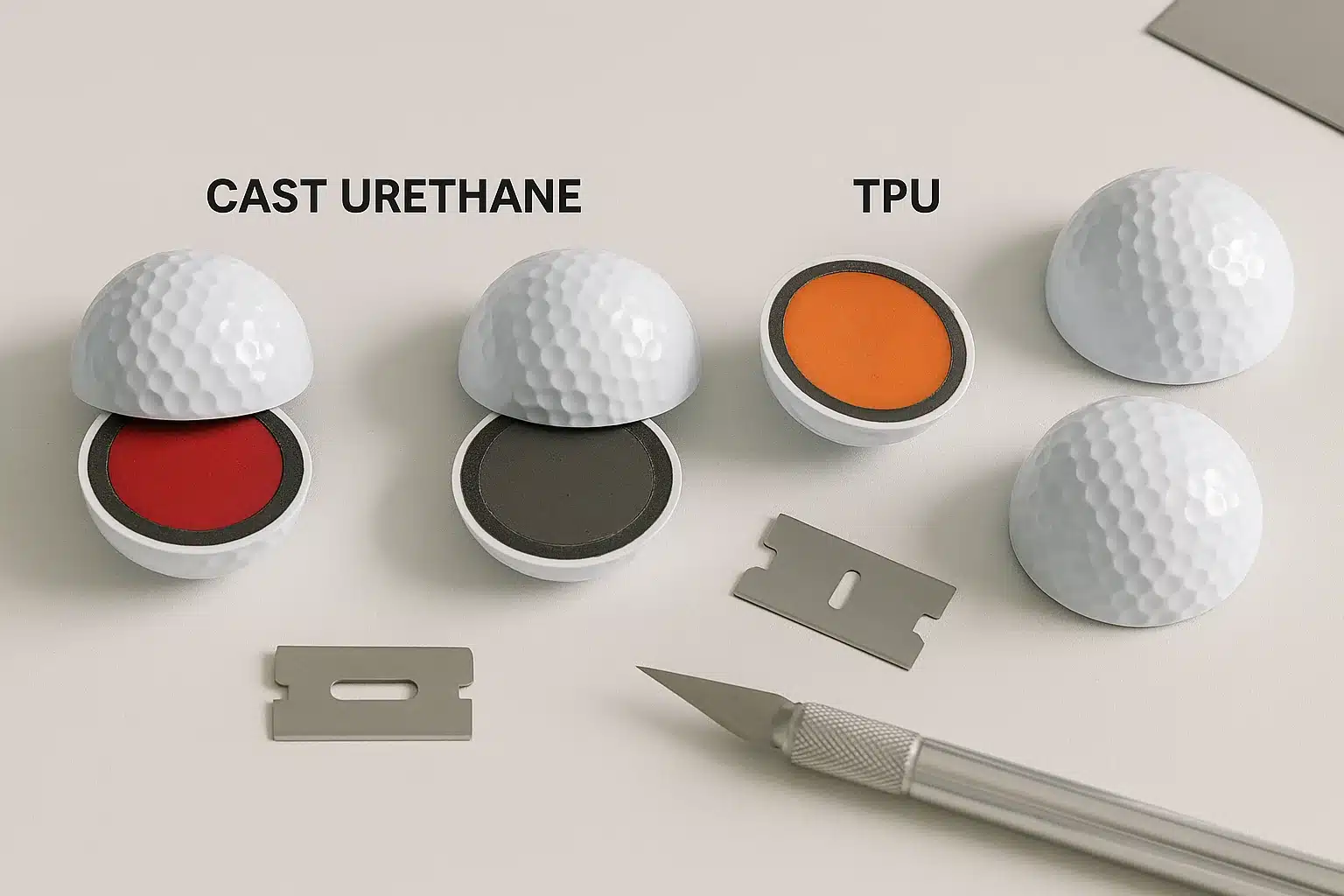 cross-section of cast urethane and TPU golf balls showing core materials