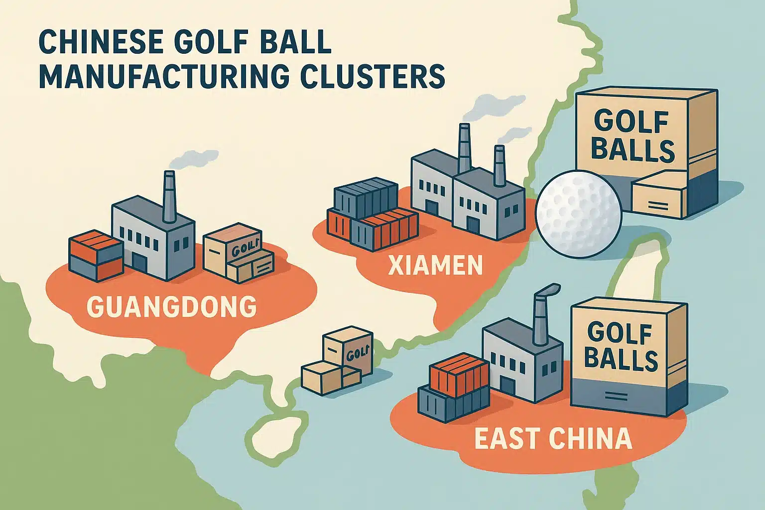 map of China showing major golf ball manufacturing hubs in Guangdong, Xiamen, and East China