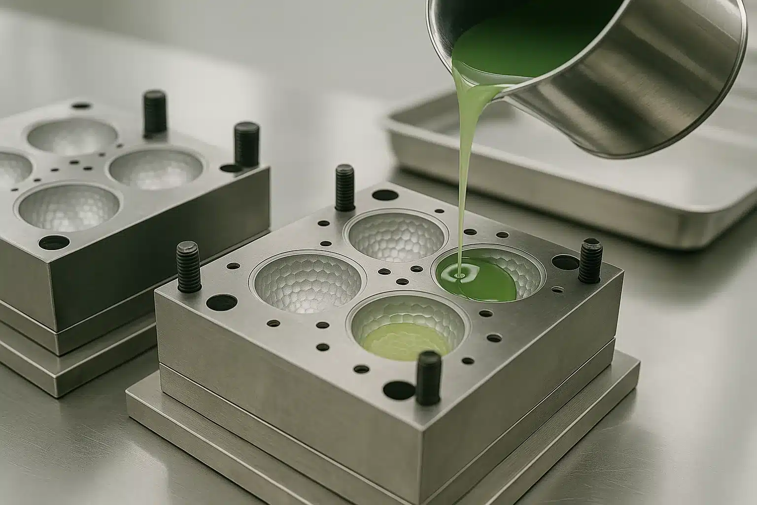 liquid resin poured into golf ball mold during custom core production