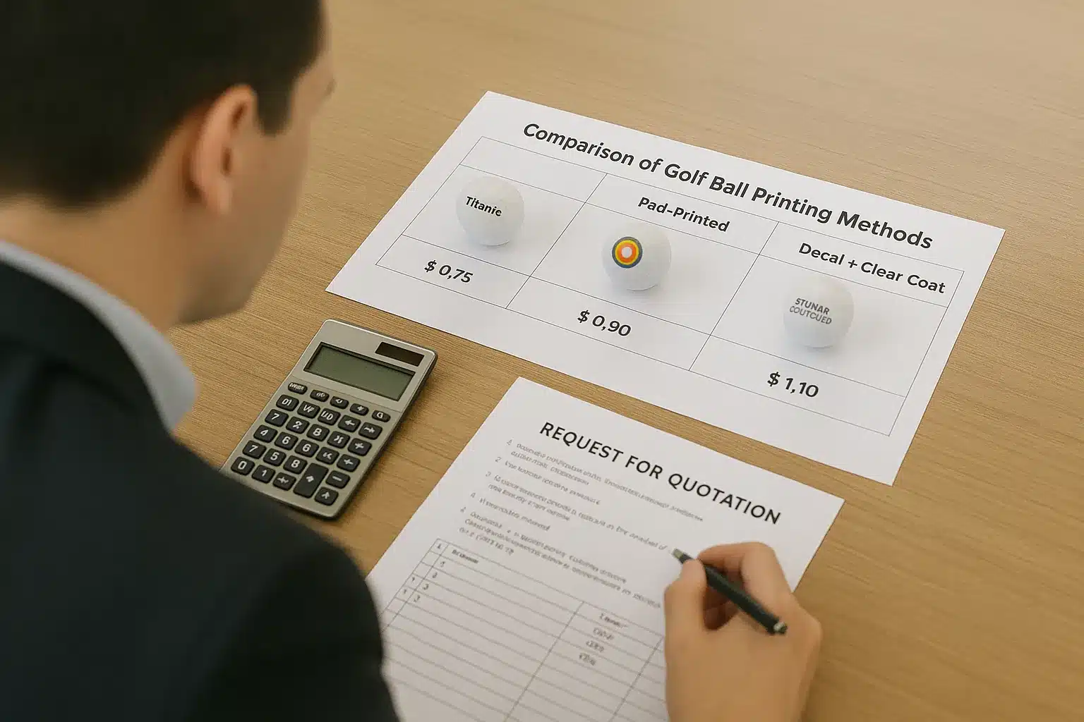 B2B buyer comparing custom golf ball printing methods and prices