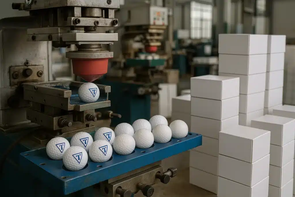 OEM golf balls being pad printed in Chinese factory