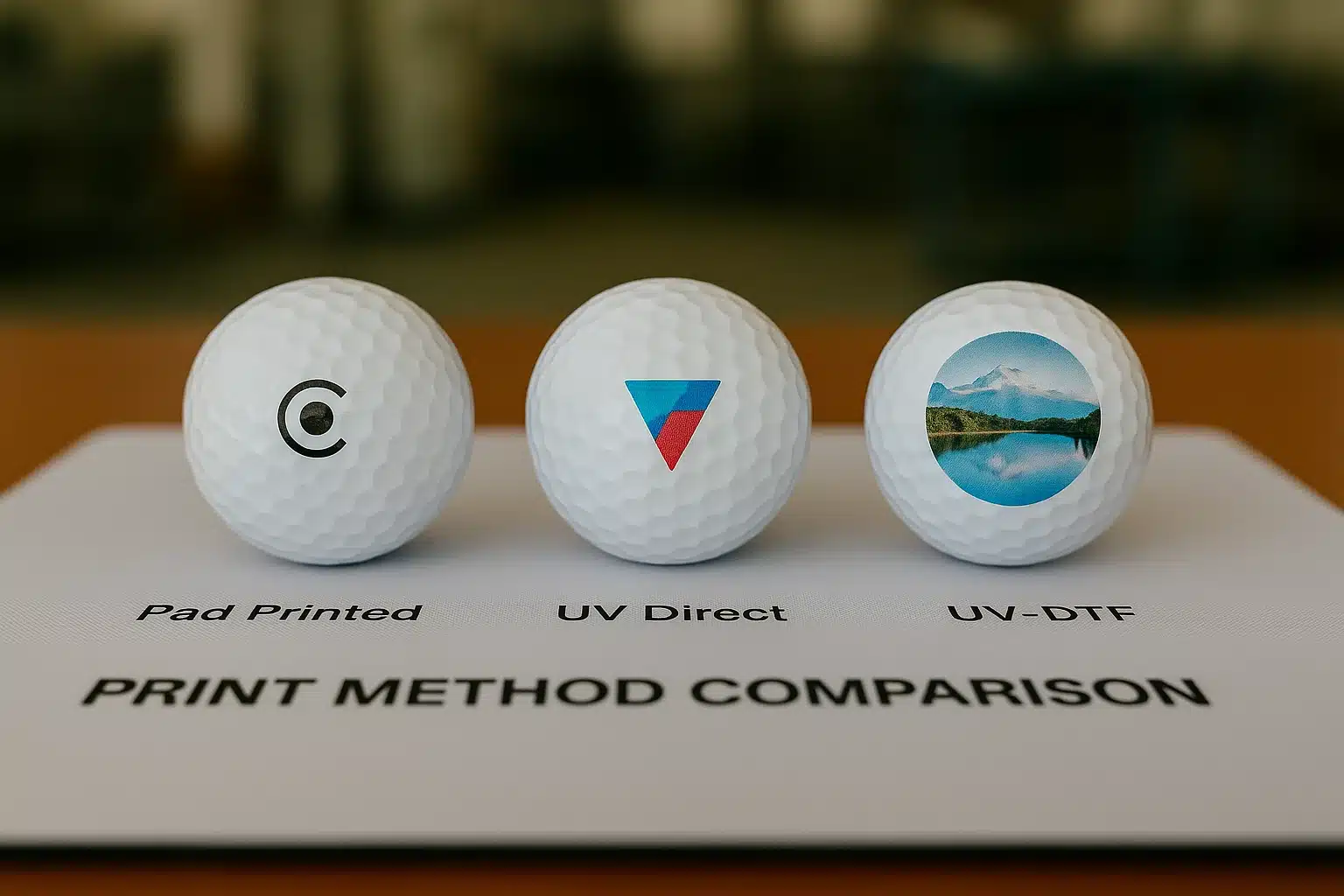 custom golf balls showing pad print, UV direct, and UV-DTF logo methods