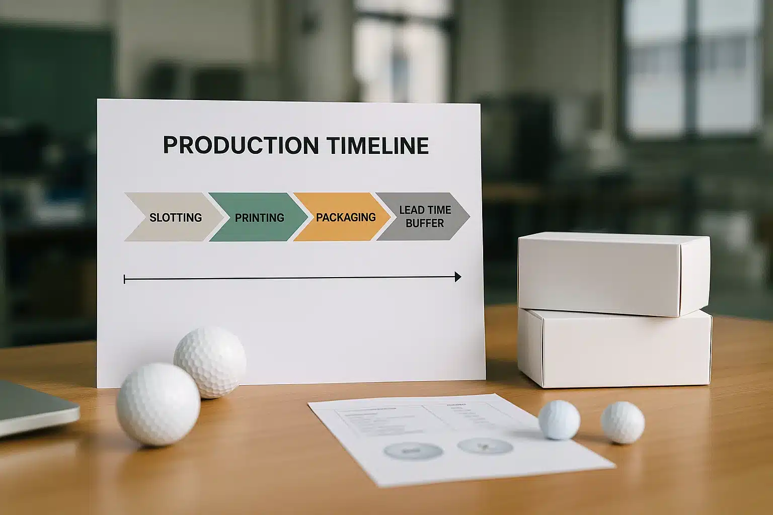 custom golf ball production timeline chart with packaging samples