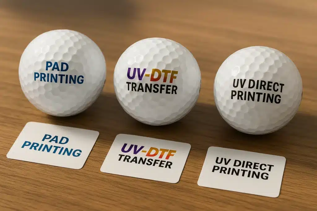 custom logo golf balls with pad printing, UV-DTF, and UV direct print methods
