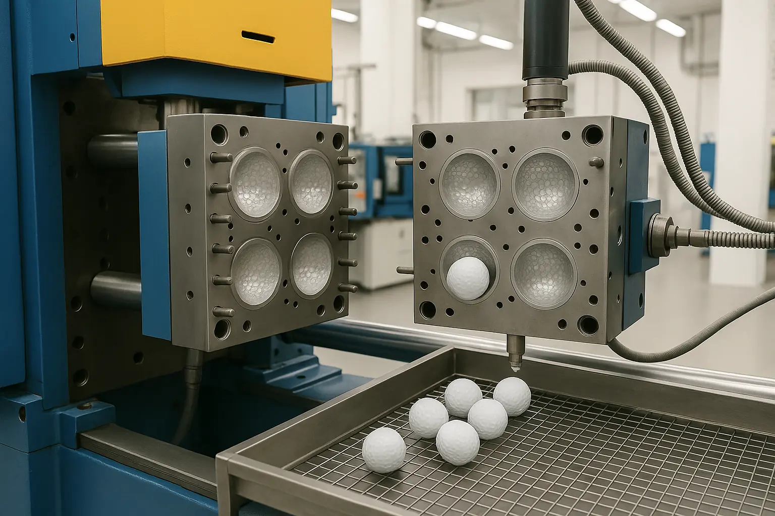 golf balls ejected from core molding machine in OEM factory