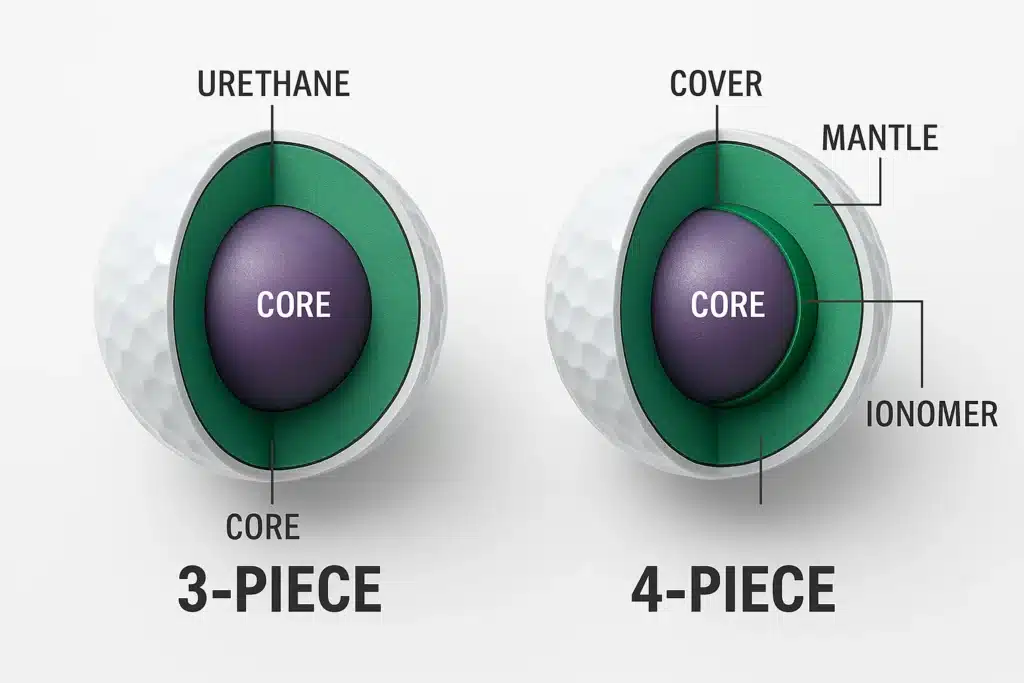 cross-section of 3-piece and 4-piece golf balls showing core and layers