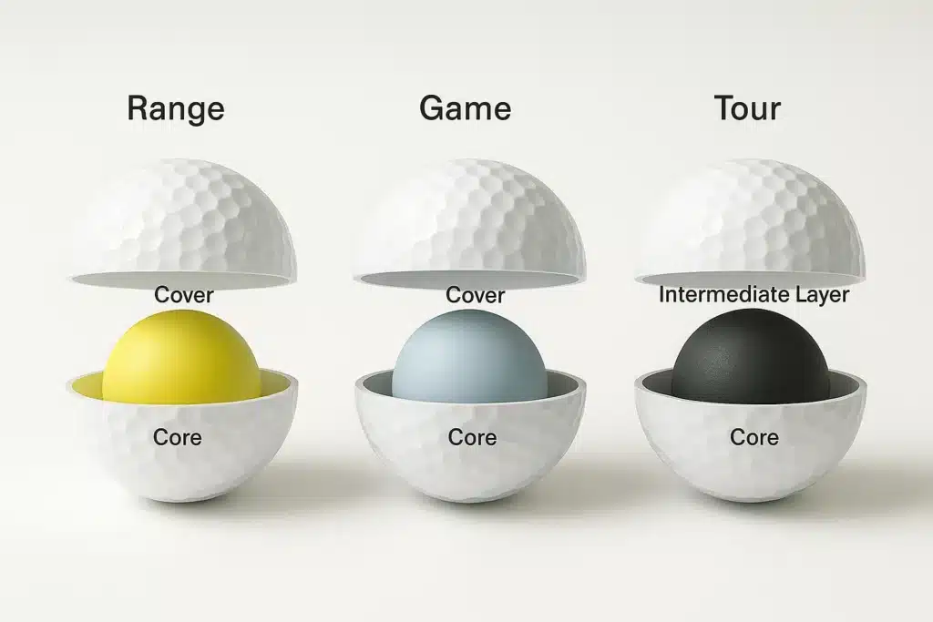 golf ball construction types for range, game, and tour use