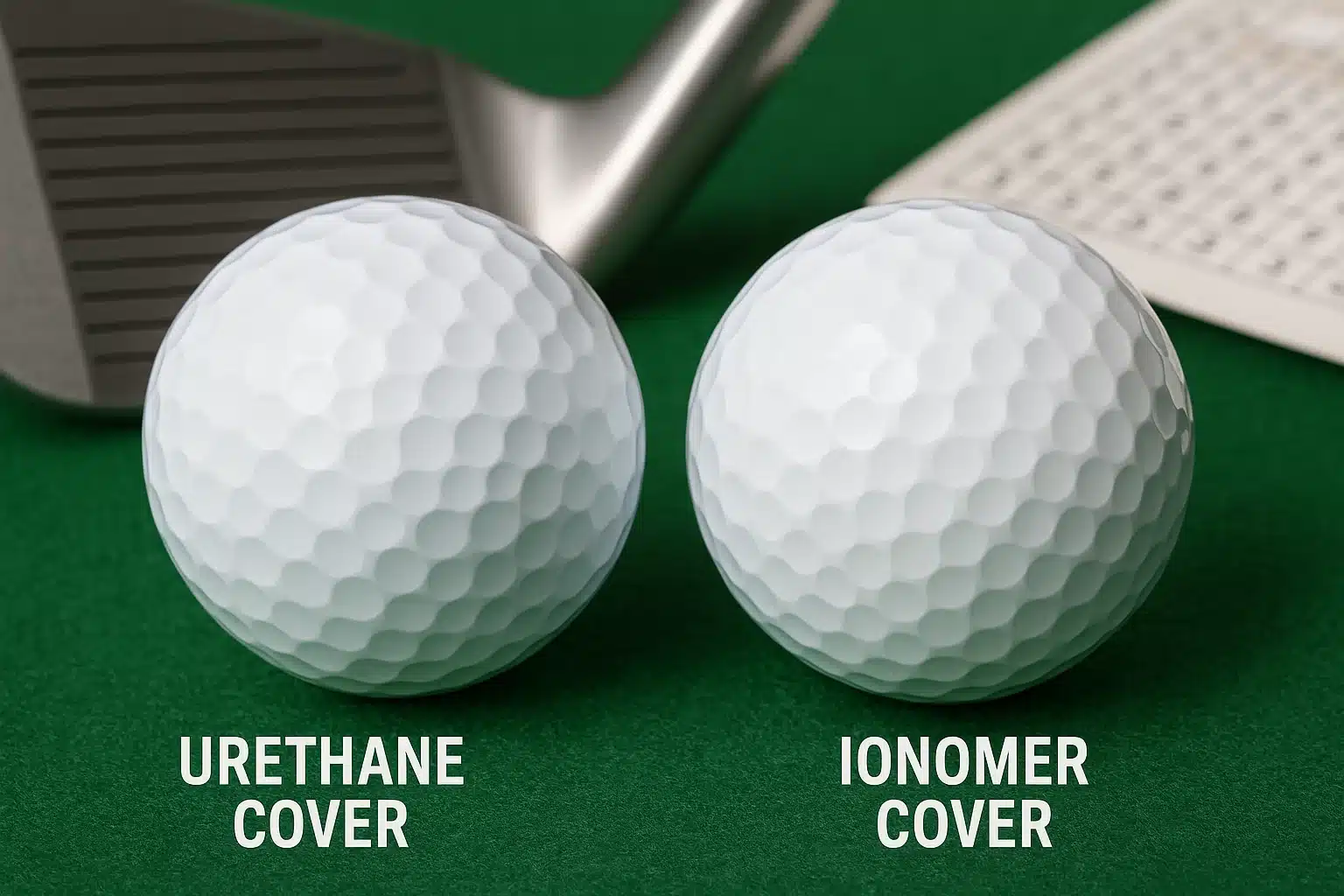 urethane and ionomer cover golf balls on green surface with club