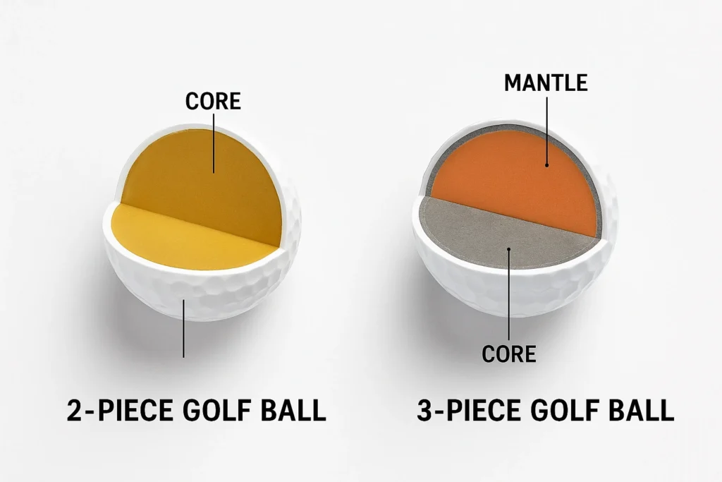 OEM golf ball cross-sections, 2-piece and 3-piece layers for manufacturer quality control