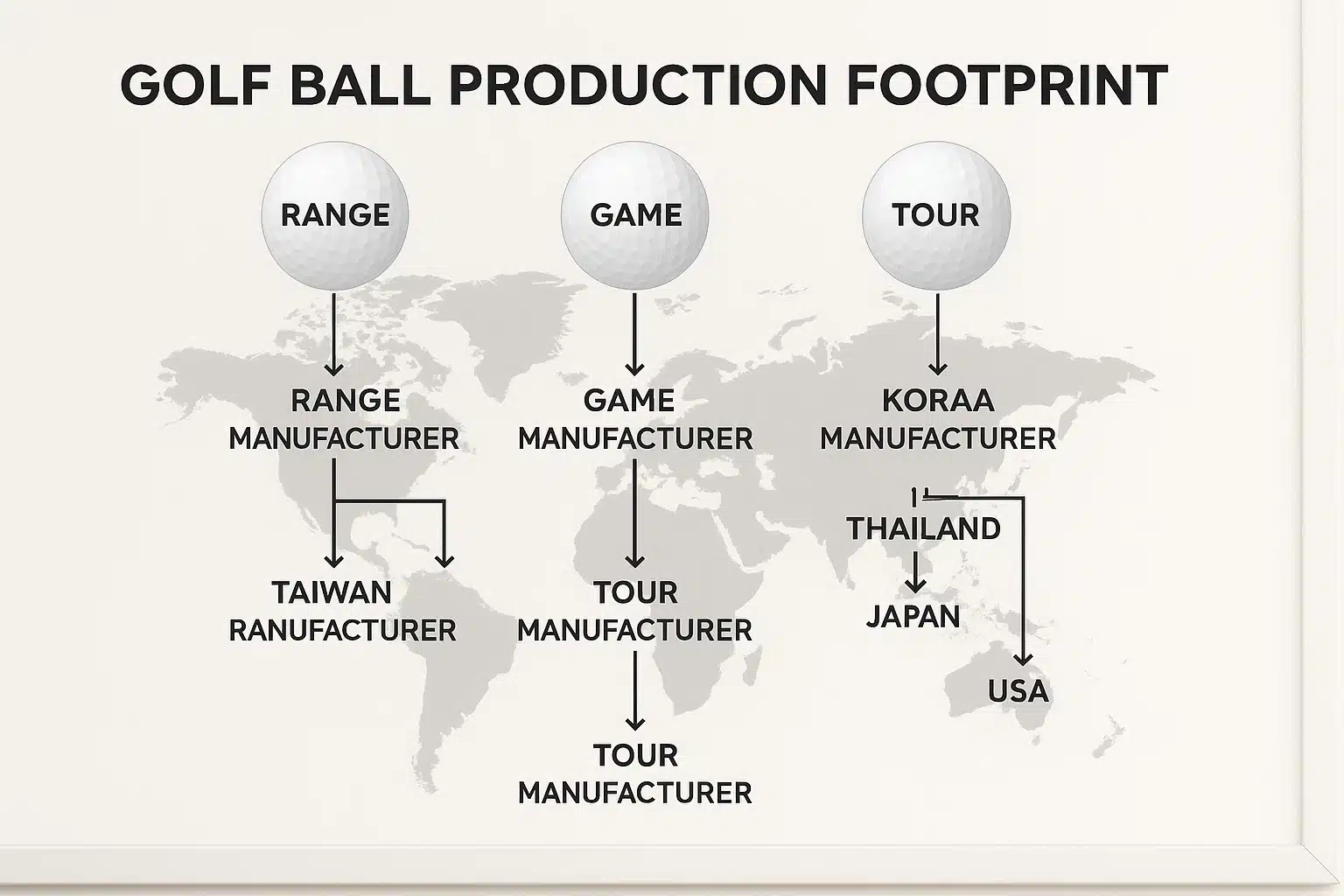 global golf ball production footprint map for range game and tour