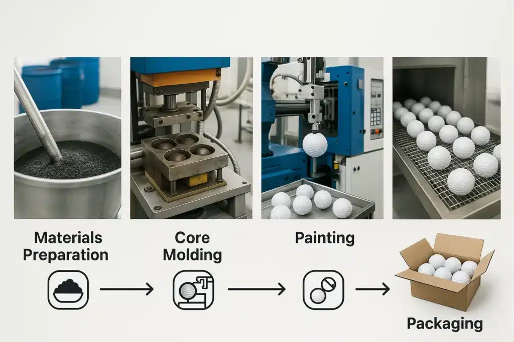 golf ball manufacturing process with molding and packaging machines