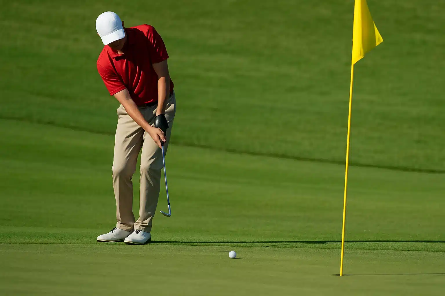 golfer putting white golf ball toward hole on green
