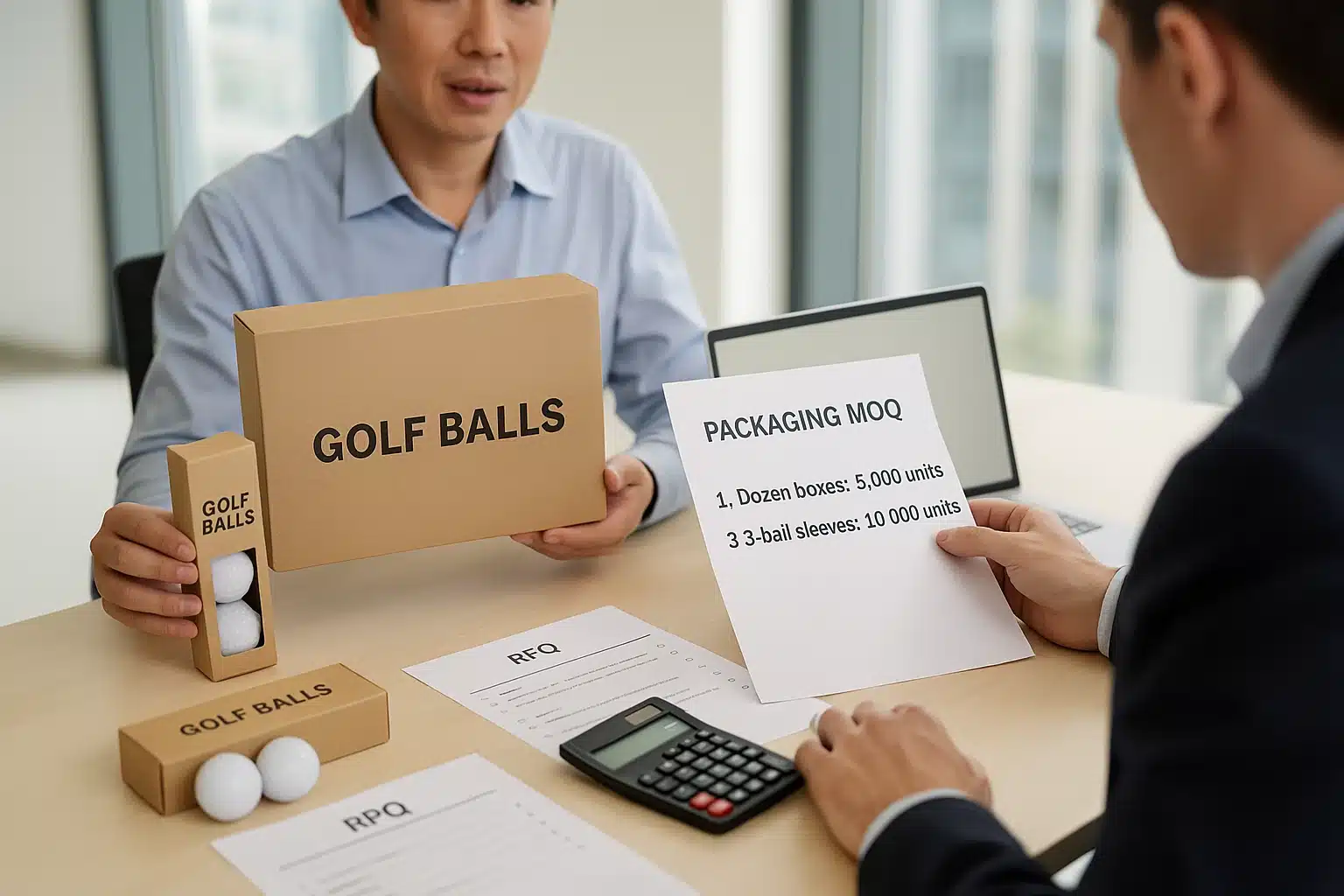 buyers discussing MOQ for custom golf ball packaging options