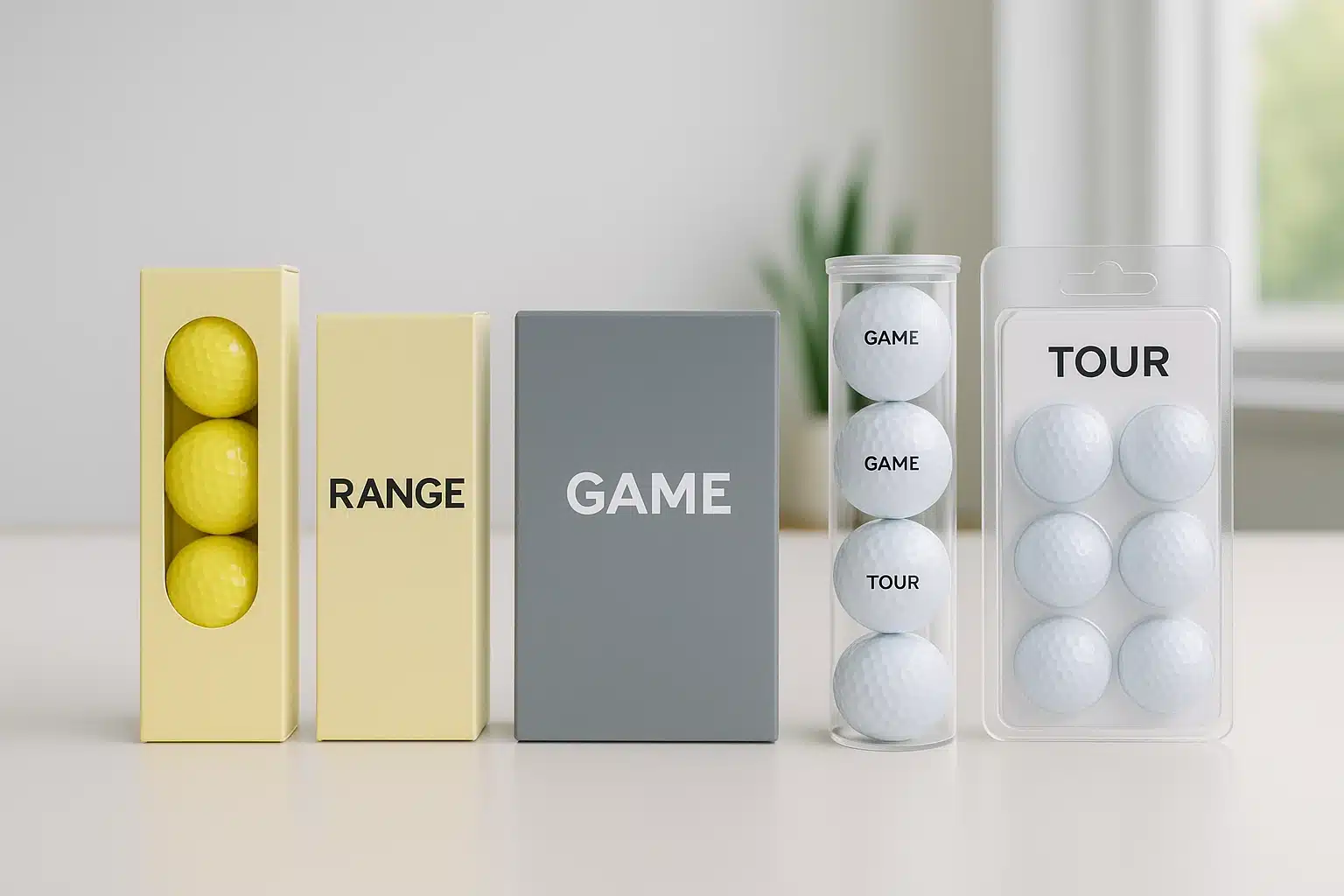 range game and tour golf balls in custom retail packaging on display
