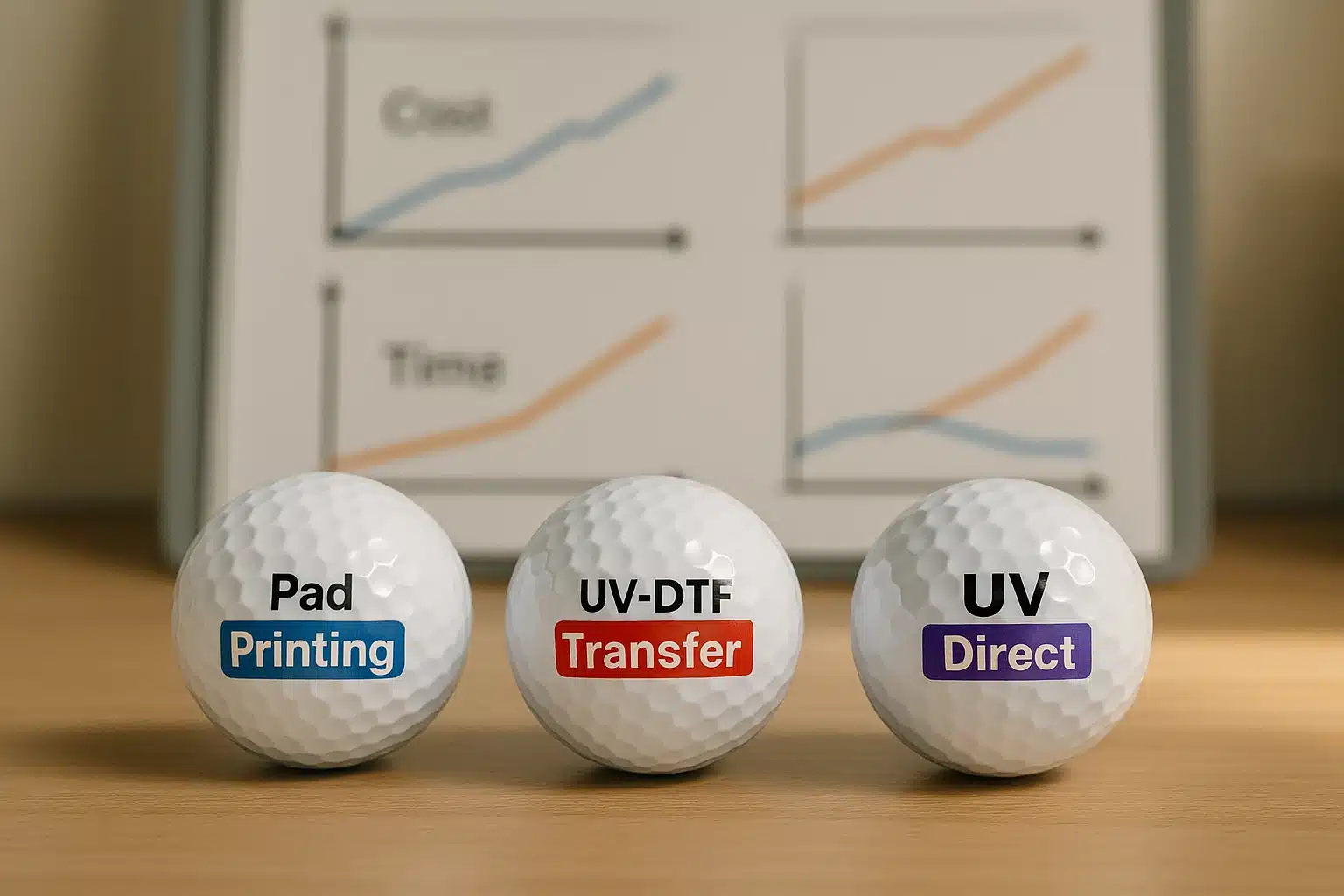 three printed golf balls comparing pad, UV-DTF, and UV direct methods with cost-time chart