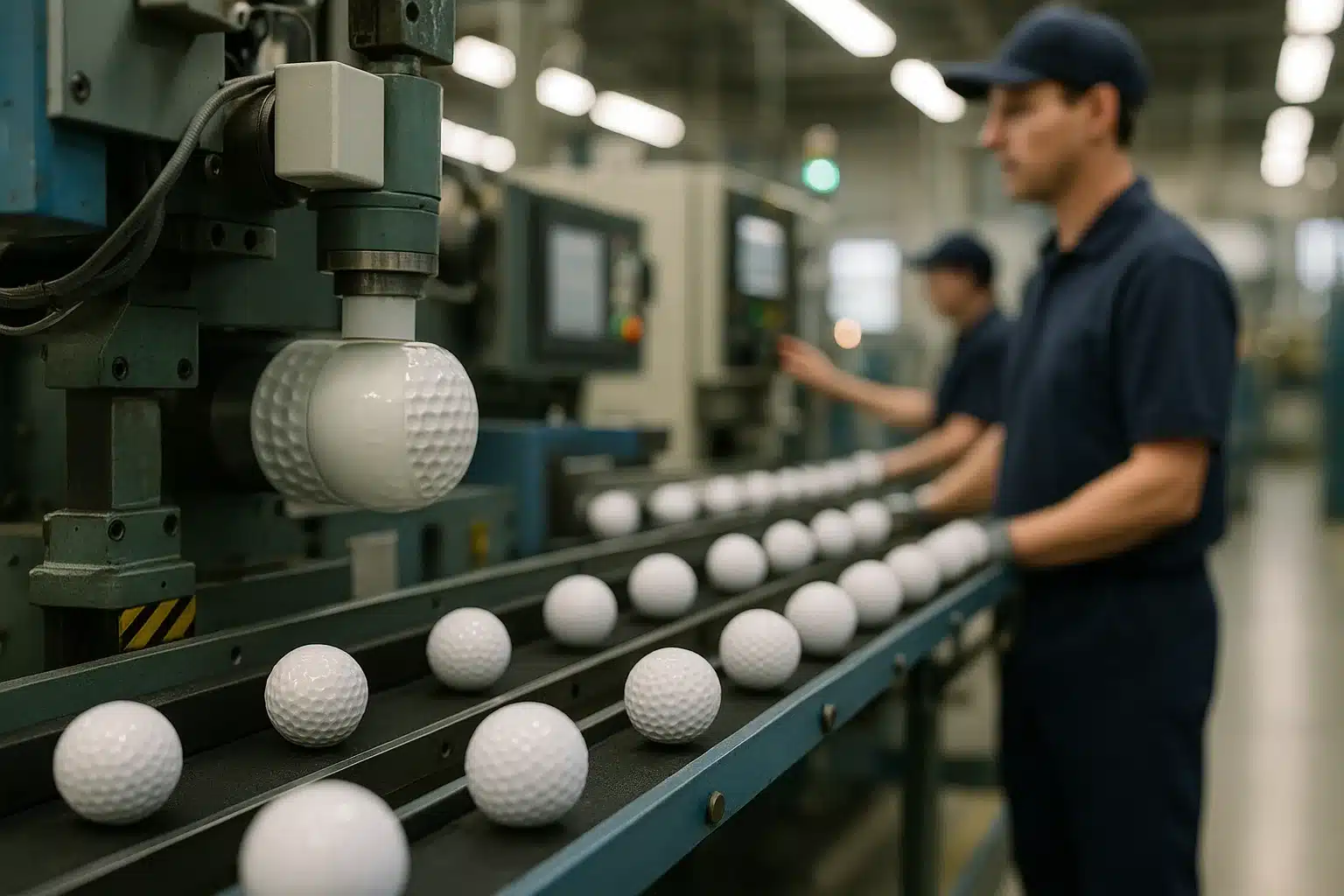 golf balls on factory conveyor with worker and molding machine