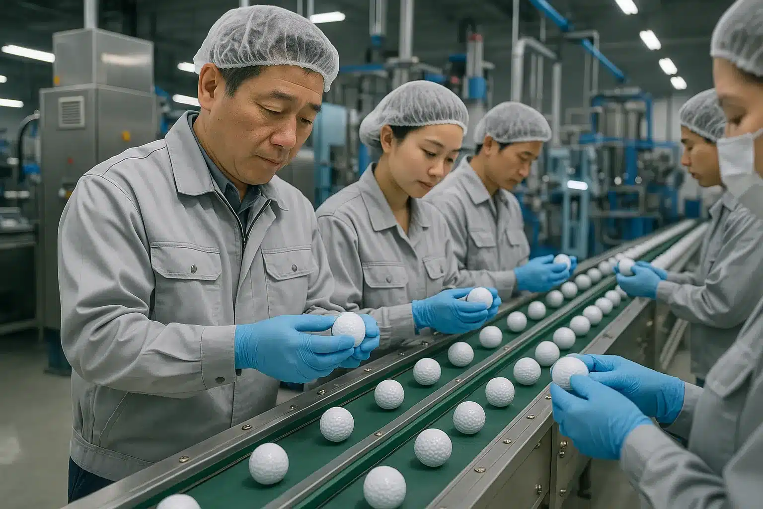 factory workers inspecting golf balls on production line