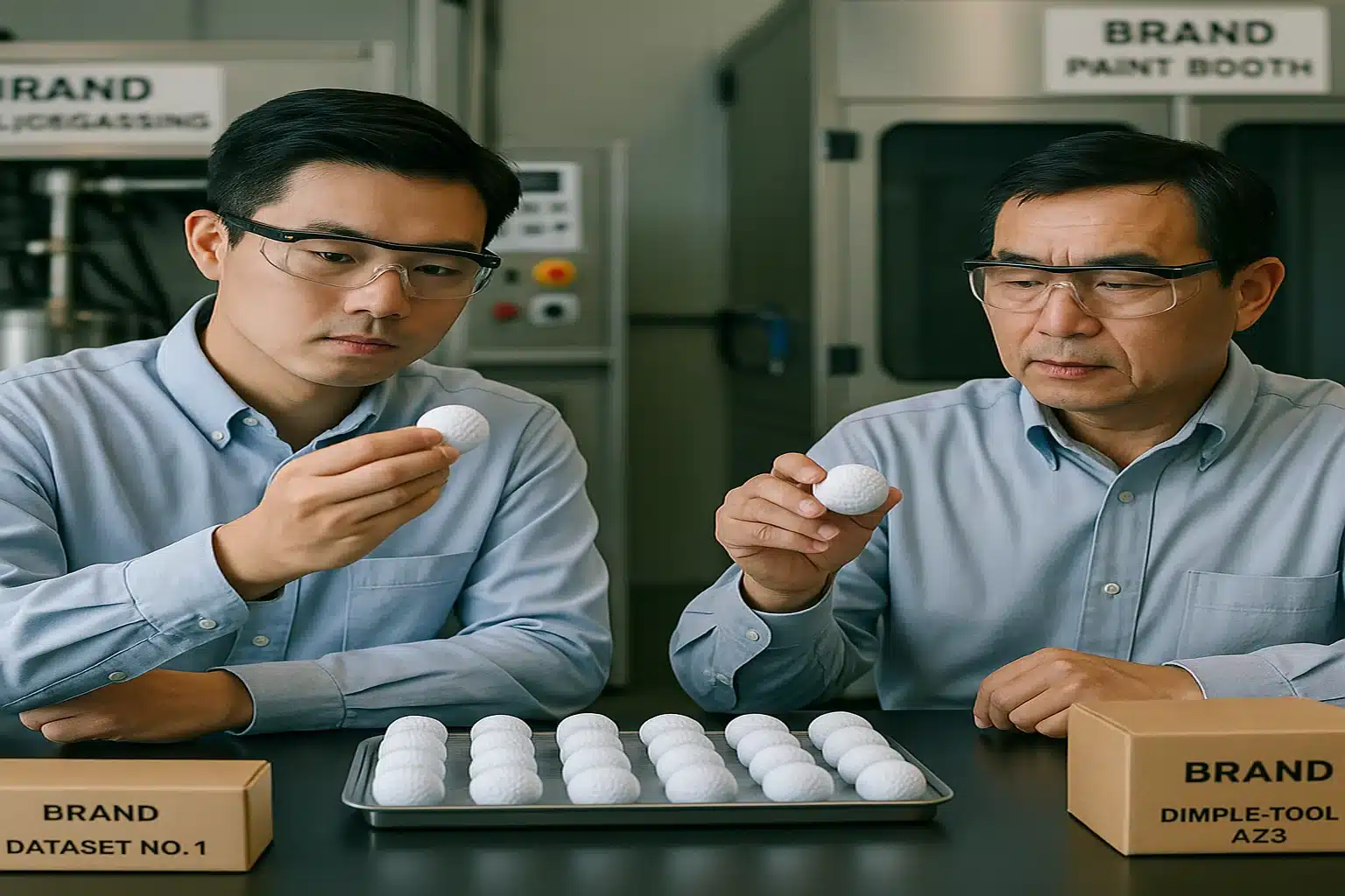 engineers analyzing dimple patterns on golf balls in factory lab