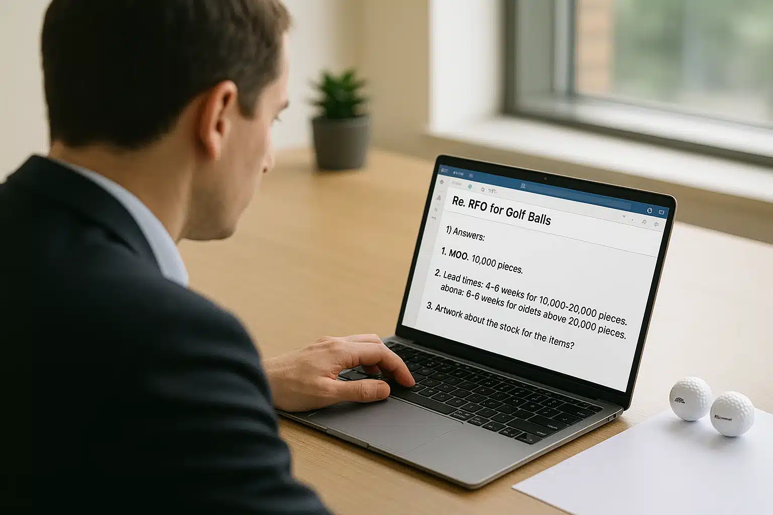 B2B buyer reviewing golf ball RFQ on laptop with samples