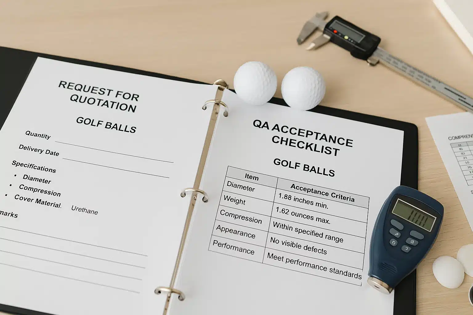 golf ball RFQ and QA checklist with caliper and inspection tools for OEM buyers